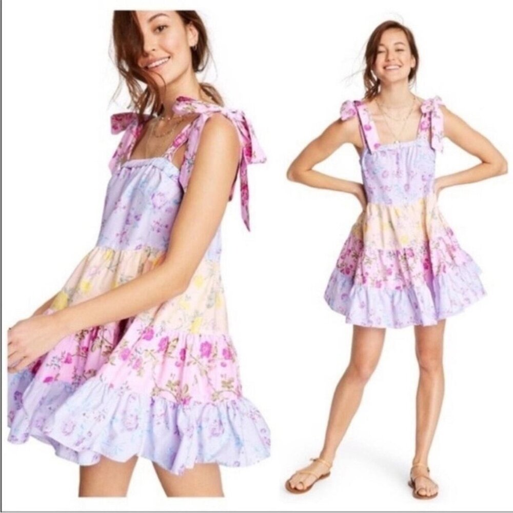 LoveShackFancy Pastel Floral Tiered Mini Dress - Lavender Pink Yellow